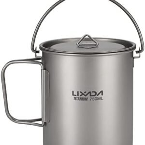 LIXADA - Pot en titane ultraléger de 750 ml pour le camping, avec poêle à frire, poignée pliable et couvercle extérieur.